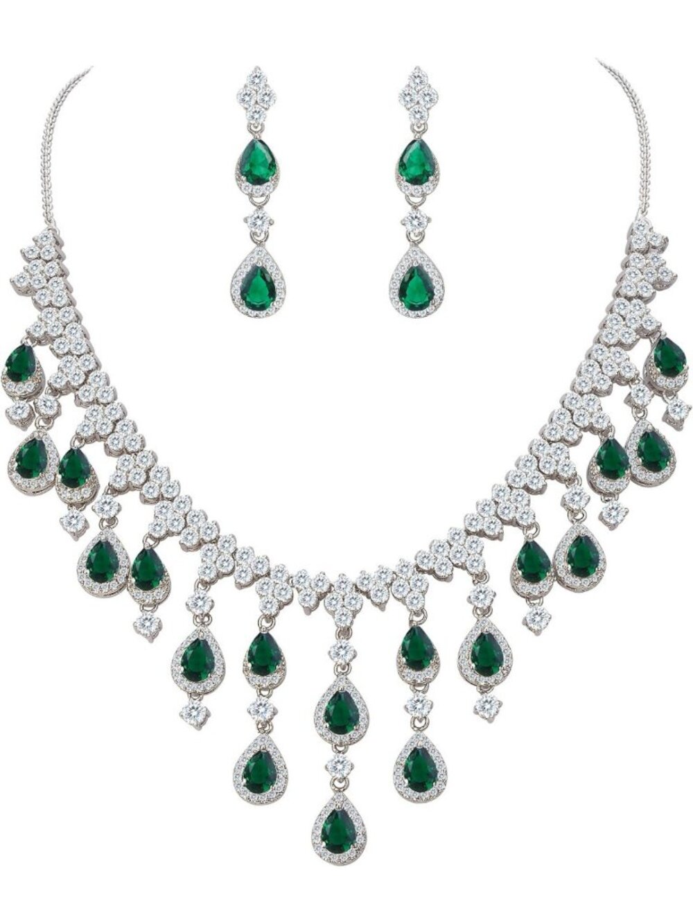 Elegant Water Drop Dangle Necklace & Earrings Set - Silver-Tone Cubic Zirconia